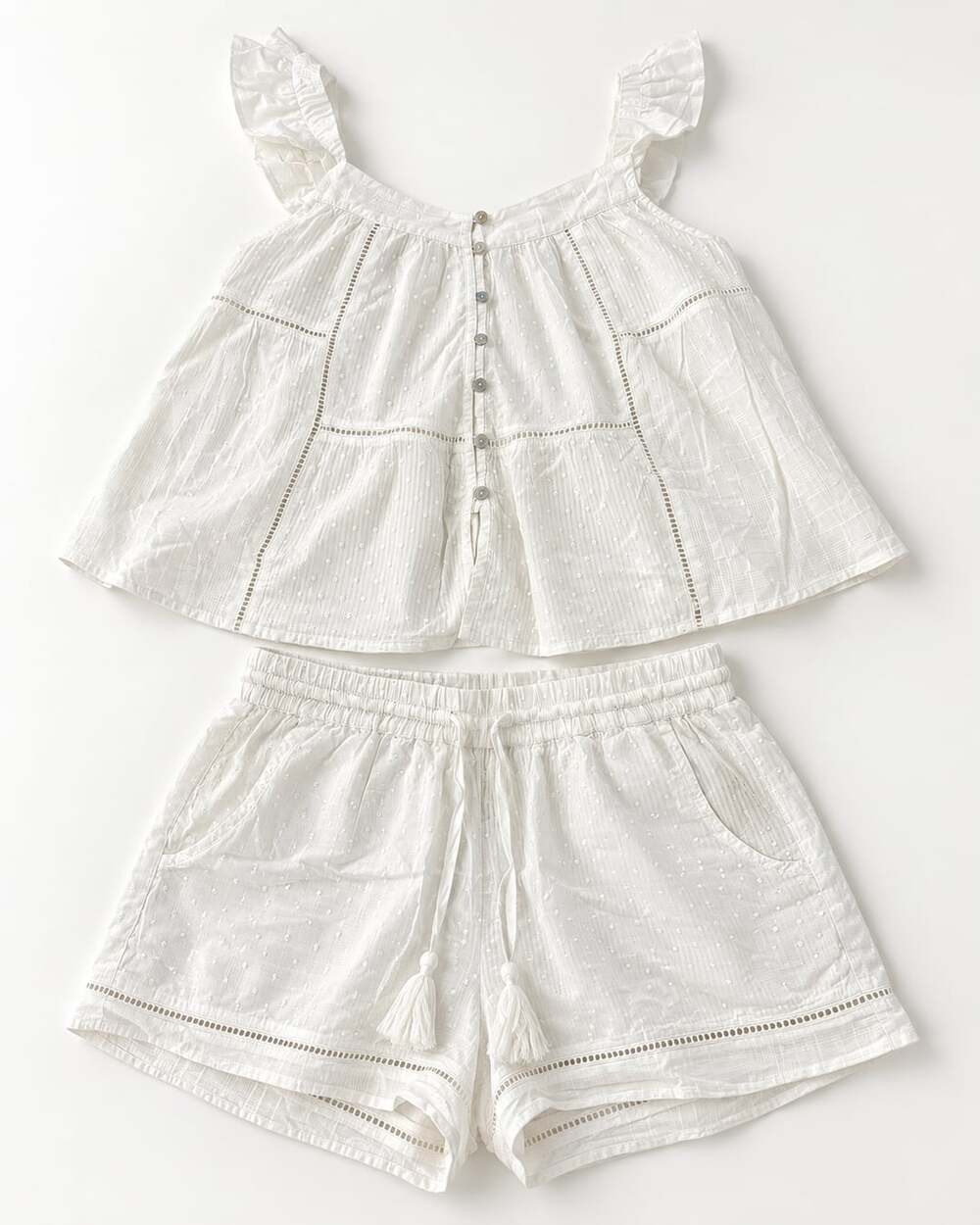 Joie Top and Shorts Set Size S White Cotton Dot Ruffle Peplum